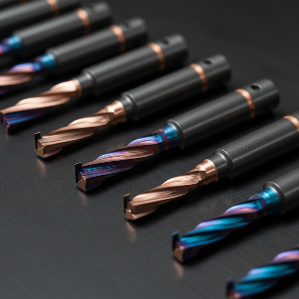 Solid carbide chamfer mills of several included angles arranged on a dark steel surface