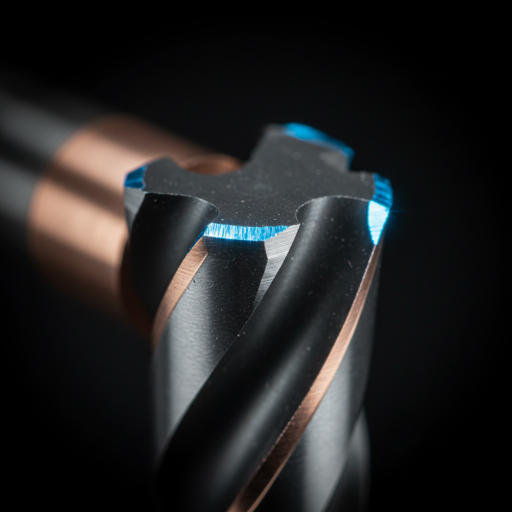 Macro detail of the helical flutes and cutting edges of a solid carbide milling tool