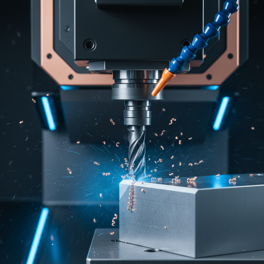 Carbide chamfer mill cutting an angled edge on a steel workpiece inside a CNC machining center