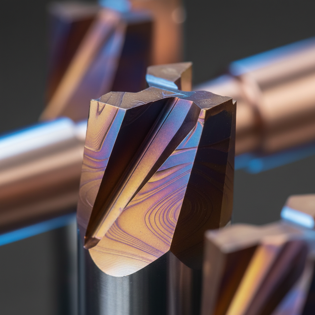 Macro view of iridescent PVD coating layers on hard metal cutting tool surfaces